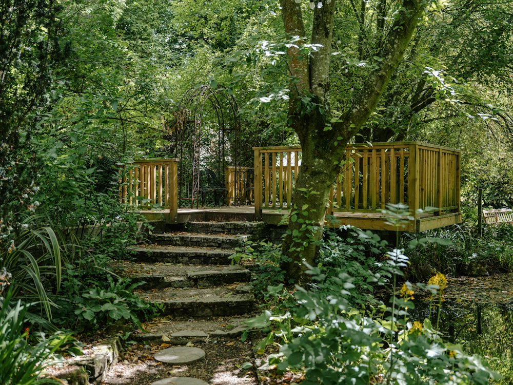 Jardin luxuriant avec marches en pierre menant à une terrasse en bois